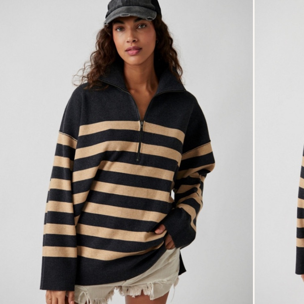 Free People Coastal Stripe Pullover - Black and Tan Striped Turtleneck Sweater